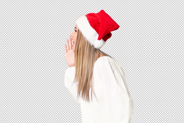 PSD blonde girl with christmas hat shouting with mouth wide open