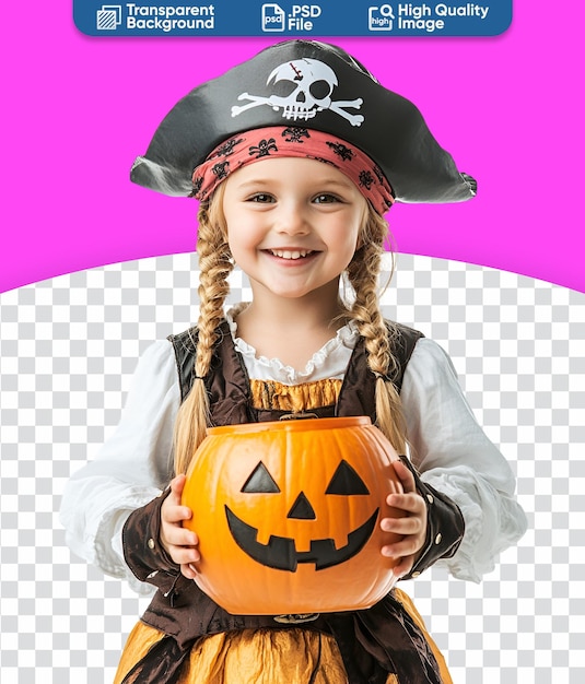 PSD blonde little girl in happy pirate costume celebrating halloween party