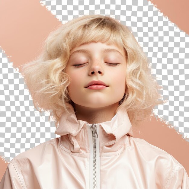 PSD blonde scandinavian girl outraged dermatologist eyes closed smile pastel cream background