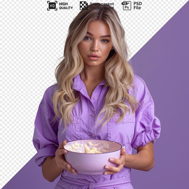 blonde woman cooking and looking enjoyed in a white bowl against a purple wall with her hand visible in the foreground png psd