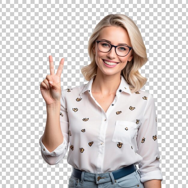 PSD a blonde woman in glasses is pointing to the right with the right hand isolated on transparent