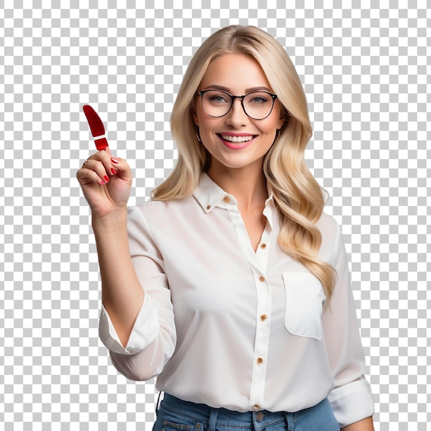 PSD a blonde woman in glasses is pointing to the right with the right hand isolated on transparent