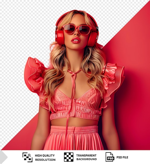 PSD blonde woman wearing red sunglasses and headphones posing against a pink background with a transparent background