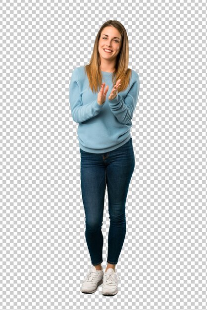 PSD blonde woman with blue shirt applauding after presentation in a conference