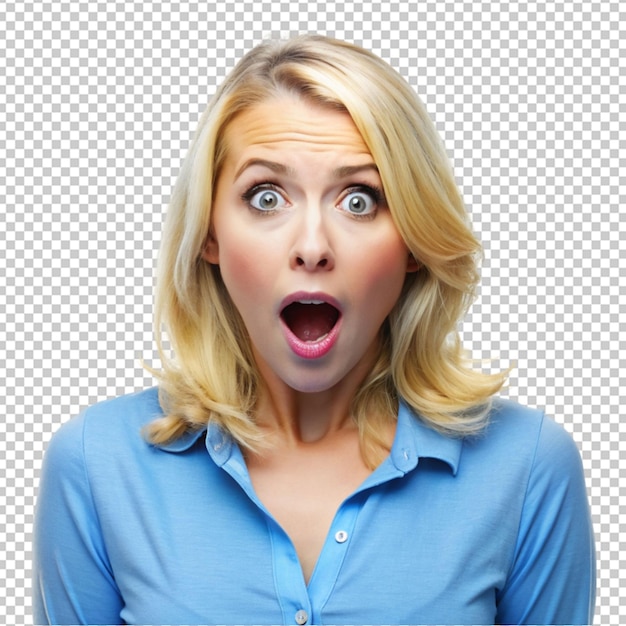 PSD blonde woman with blue shirt with surprise and shocking expressions