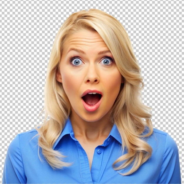 blonde woman with blue shirt with surprise and shocking expressions