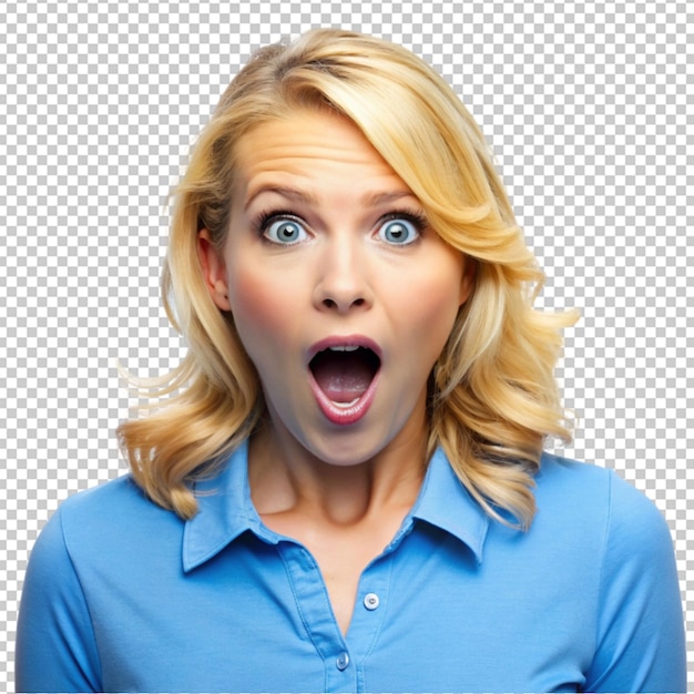 PSD blonde woman with blue shirt with surprise and shocking expressions