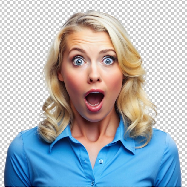 blonde woman with blue shirt with surprise and shocking expressions