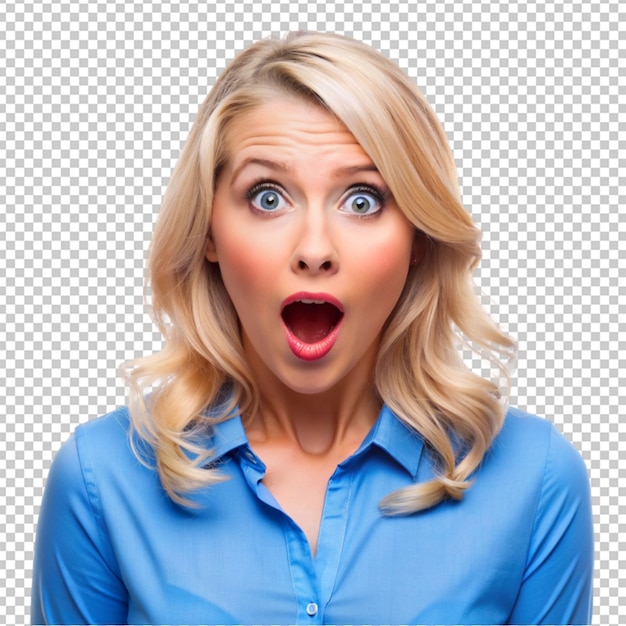 blonde woman with blue shirt with surprise and shocking expressions