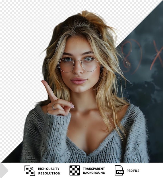 PSD blonde woman with glasses pointing upwards against a transparent background