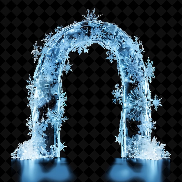 a blue arch with frosted branches and a ring of frost on it