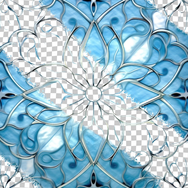 Blue art glass texture with an arabesque design is used to create a seamless pattern transparent background