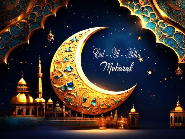 a blue background with a gold crescent moon and a mosque in the background for Eid al adha