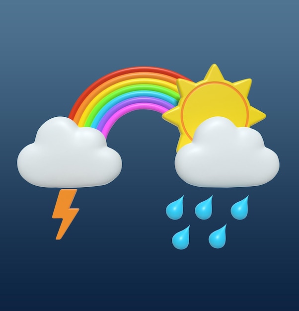 A blue background with a rainbow and a rain cloud and a sun and a rain drop.