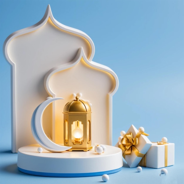 a blue background with a white lantern and a gold box with a star on it