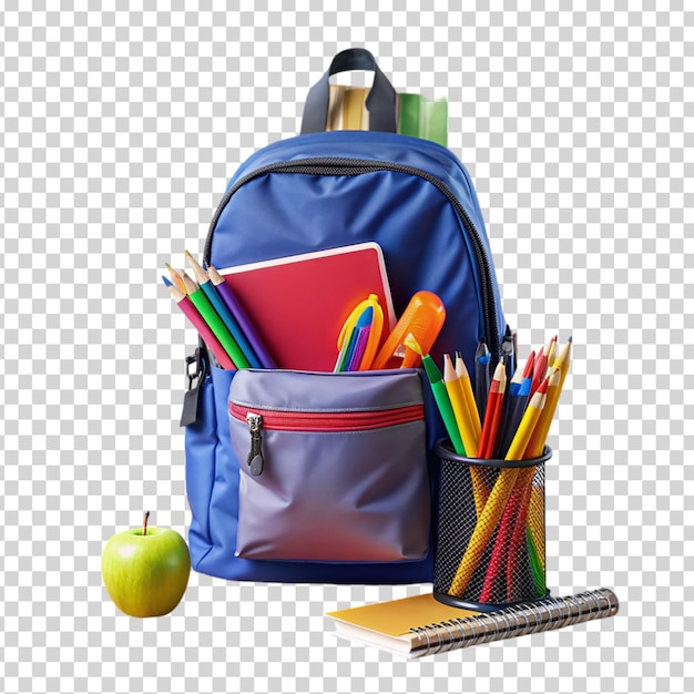 A blue backpack filled with school supplies on transparent background