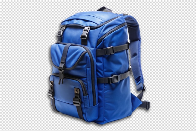 a blue backpack with a black strap that says the word on it