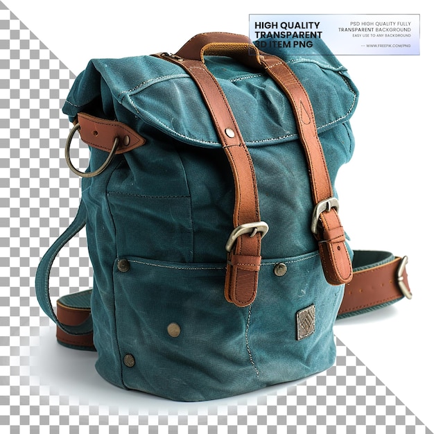 PSD a blue backpack with a brown strap that says high quality