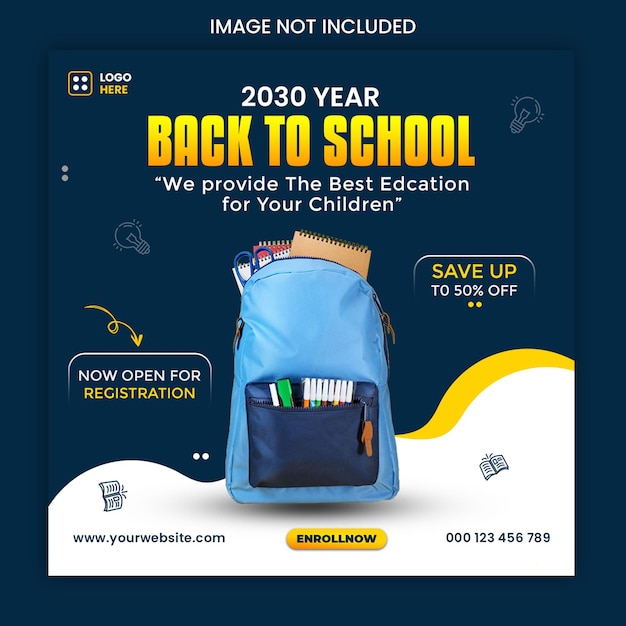 A blue backpack with the words " we provide the best education for your children ".