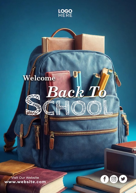 a blue backpack with the words welcome back to school