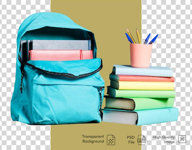 A blue bag with pens and pencils in it on transparent background