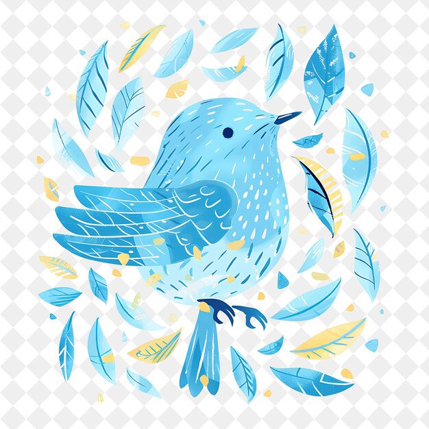 a blue bird with a blue beak is in a circle of leaves and a white background