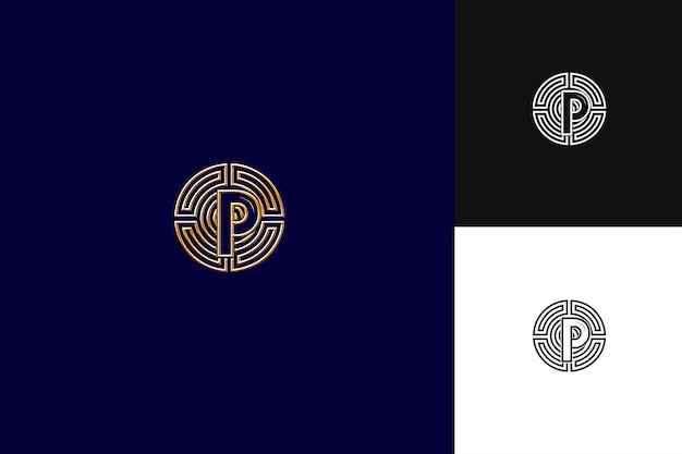 a blue and black background with a gold letter p