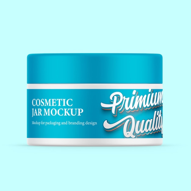 A blue bottle of cosmetic jar mockup with the brand name premium quality