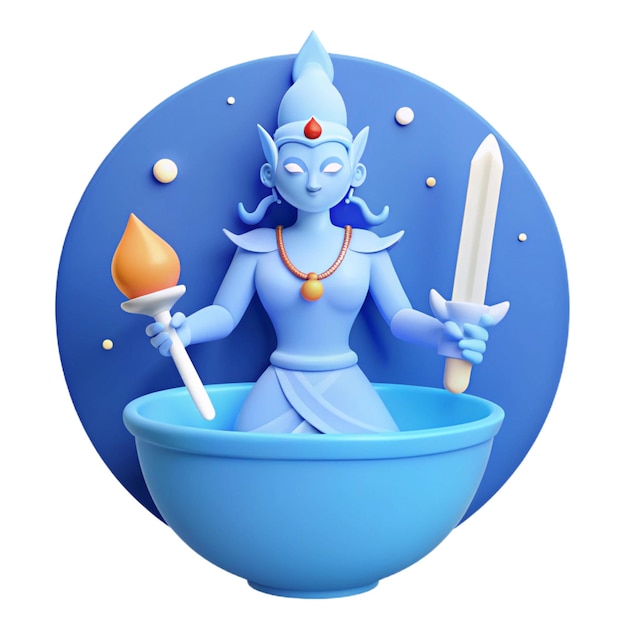 a blue bowl with a statue of deity in it