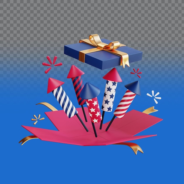 PSD a blue box with a gold ribbon and a firecrackers theme 4th of july