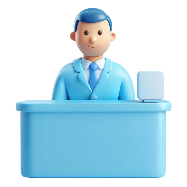 a blue box with a man in a blue suit and a white box with a white box on it