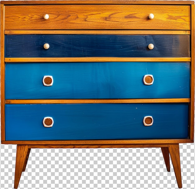 a blue and brown chest of drawers with a blue top