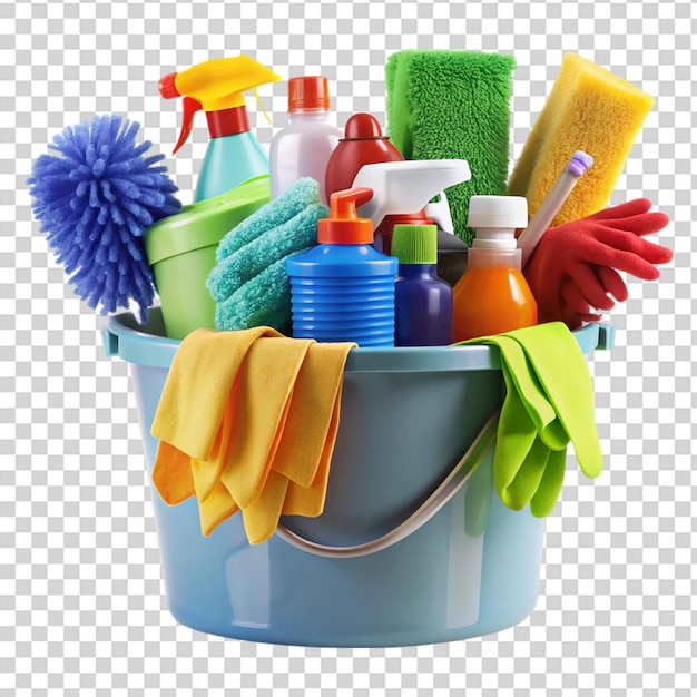 PSD a blue bucket with cleaning supplies and tools on transparent background