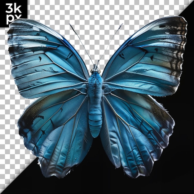 a blue butterfly with a black background with a black background and the image of a butterfly