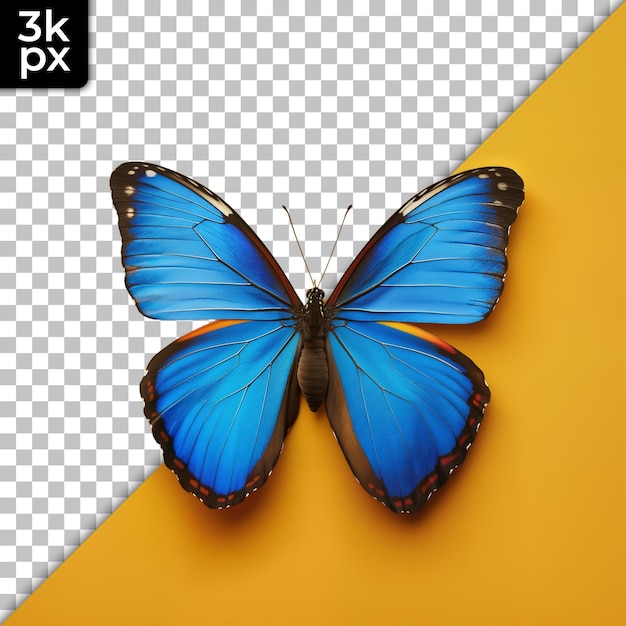 a blue butterfly with a black background with a black and yellow background