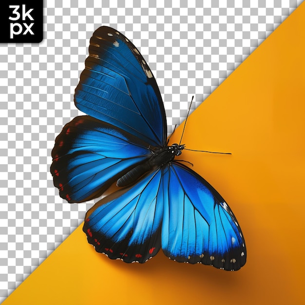 a blue butterfly with a black and white background