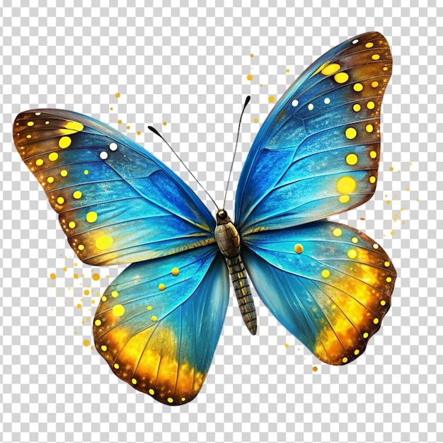 PSD a blue butterfly with yellow and orange spots on its wings on transparent background