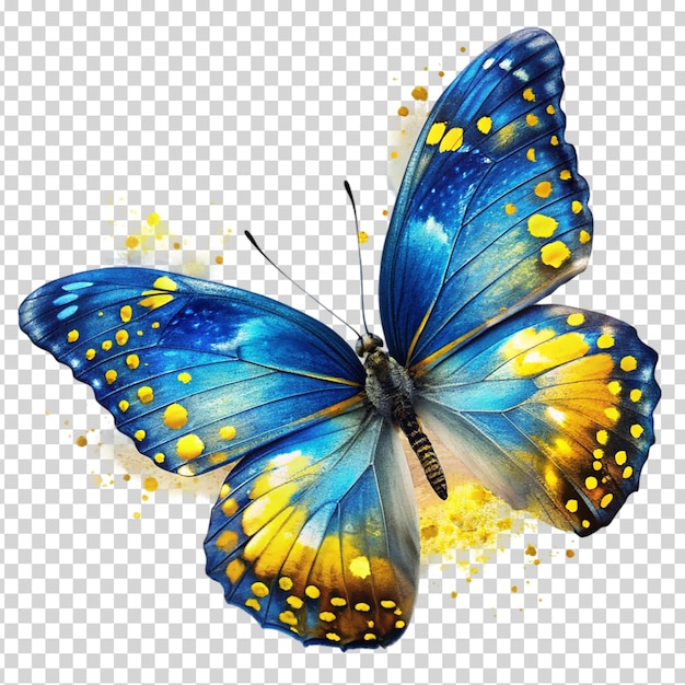 PSD a blue butterfly with yellow and orange spots on its wings on transparent background