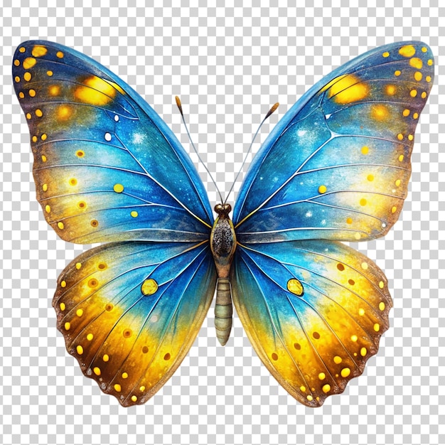 PSD a blue butterfly with yellow and orange spots on its wings on transparent background