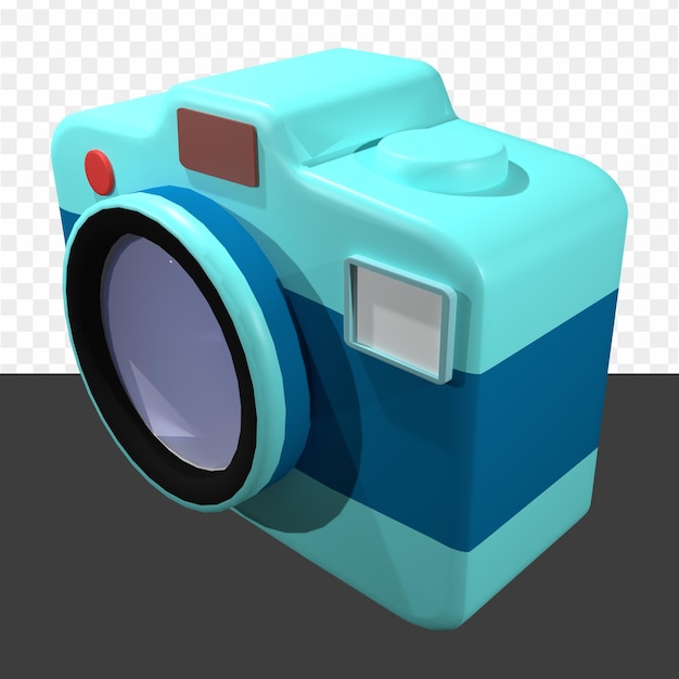 A blue camera with a red button on the bottom.