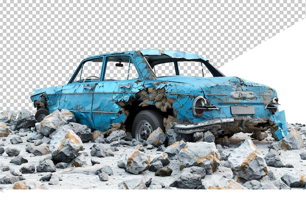 a blue car is stuck in a pile of rocks