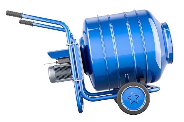 Blue Cement Mixer side view 3D rendering isolated on transparent background