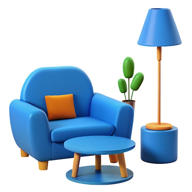 a blue chair with a pillow on it and a lamp on the table