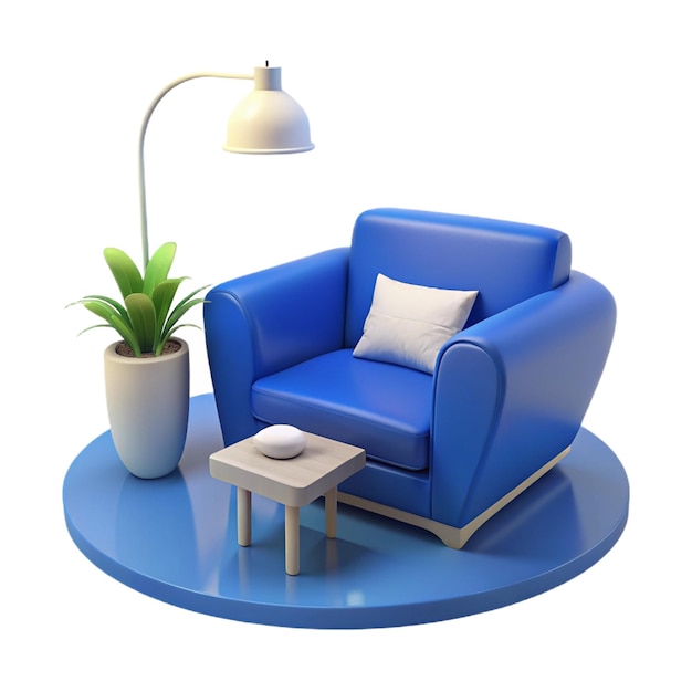 a blue chair with a plant on it and a plant on the table