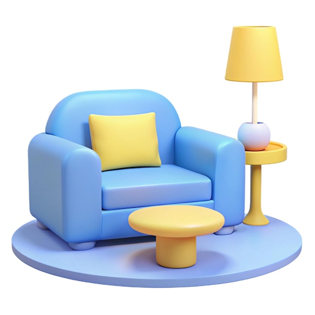 a blue chair with a yellow pillow on it and a yellow lamp on the table