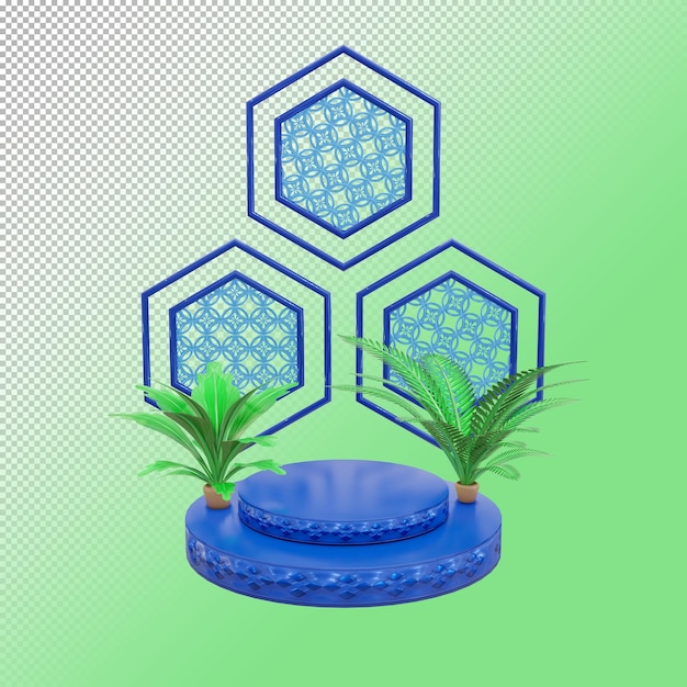 blue circle shape podium product with palm plant in 3d render