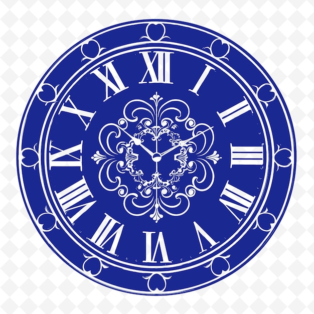 a blue clock with roman numerals and a floral pattern