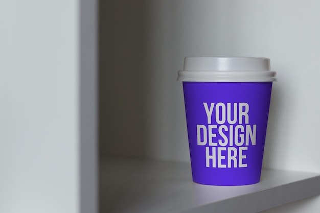 Blue coffee cup on the shelf mockup own design changeable color closeup