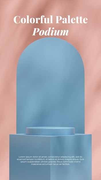 Blue color cylinder podium in portrait with arch and pink wall 3d rendering mockup space