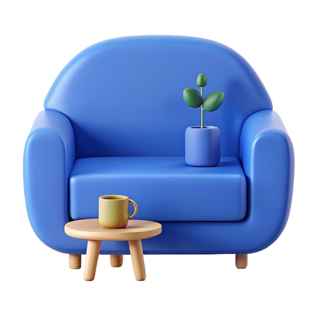 a blue couch with a plant on it and a coffee cup on the side